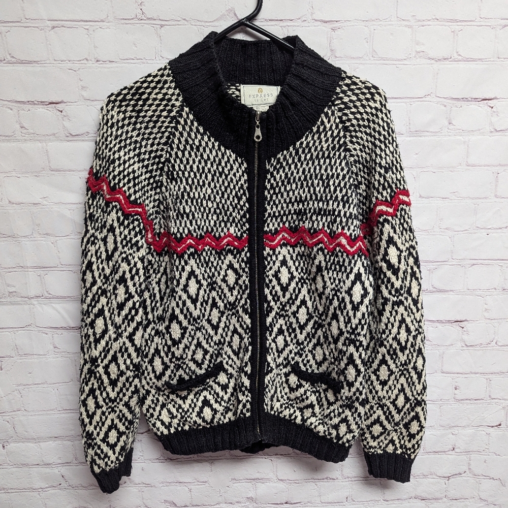Express Fair Isle Nordic Thick Knit Zip Up Cardigan Sweater Black White Small.